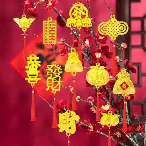 HOWAF 30pcs Chinese New Year Lucky Charm,Spring Festival Gold Hanging Pendants for New Year Home Health Wealth Success Lucky Decor,2026 Lunar New Years Decorations Year of The Horse Hanging Ornaments