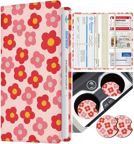 Slohif Car Registration and Insurance Card Holder Floral Vehicle Glove Box Organizer Women with Magnetic Shut Leather Automobile License Holders Coasters Auto Accessories Case for Document