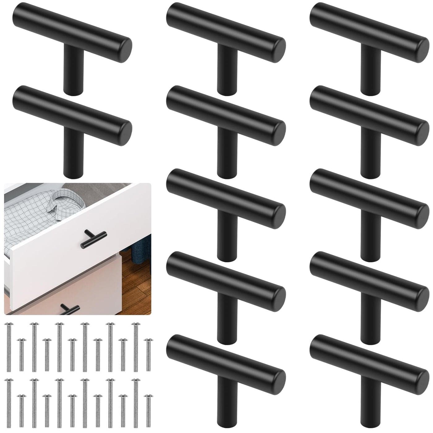 Romeda 12 Pack Black Cabinet Knobs 2in Single Hole Cabinet Hardware with Screws 1in 15in Drawer Pulls Black for Kitchen Bedroom Bathroom Furniture