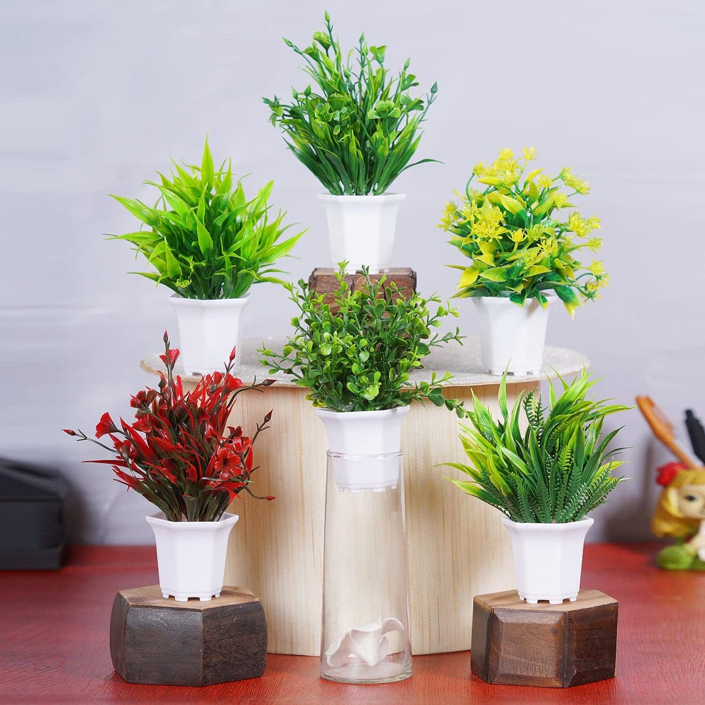 Dekorly Artificial Plants with White Pot Small Fake Faux Plants for Home Decor Multicolor Faux Plants for Balcony and Diwali Decoration Pack of 6
