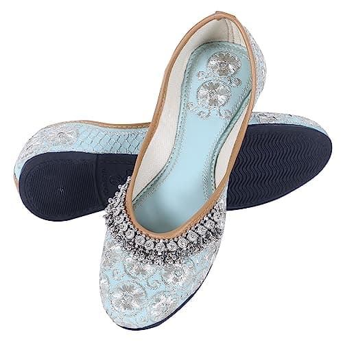 DFR Women Rajasthani Embroidered with Payal Punjabi Mojaris Jutti’s Juti’s Shoe, Sky Blue, UK Size 6