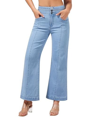 roswear Women's Wide Leg Petite Jeans High Waisted Stretchy Cropped Denim Pants Light Blue Medium