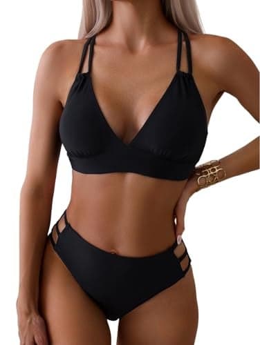 Tainehs Women's Push Up V Neck Bikini Sets Criss Cross Back Two Piece Bathing Suit Black