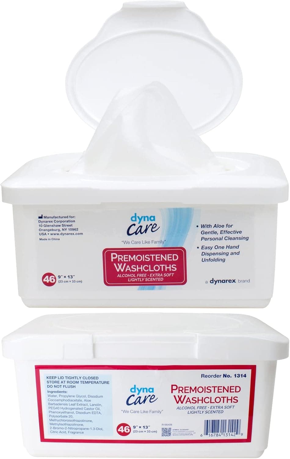 Dynarex Personal Cleansing Washcloth - Pre-Moistened Wet Wipes with Lanolin & Aloe Vera - Disposable Sheets for Incontinence, Personal Care, Make-Up Removal, 1 Tub of 46 Wipes