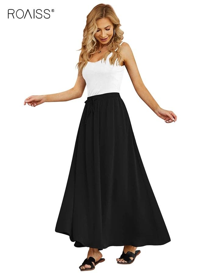 Women's Flowy Maxi Skirt Summer Pleated High Waisted Casual Long Skirts with Pockets Printed All-Match Vacation Dress for Women