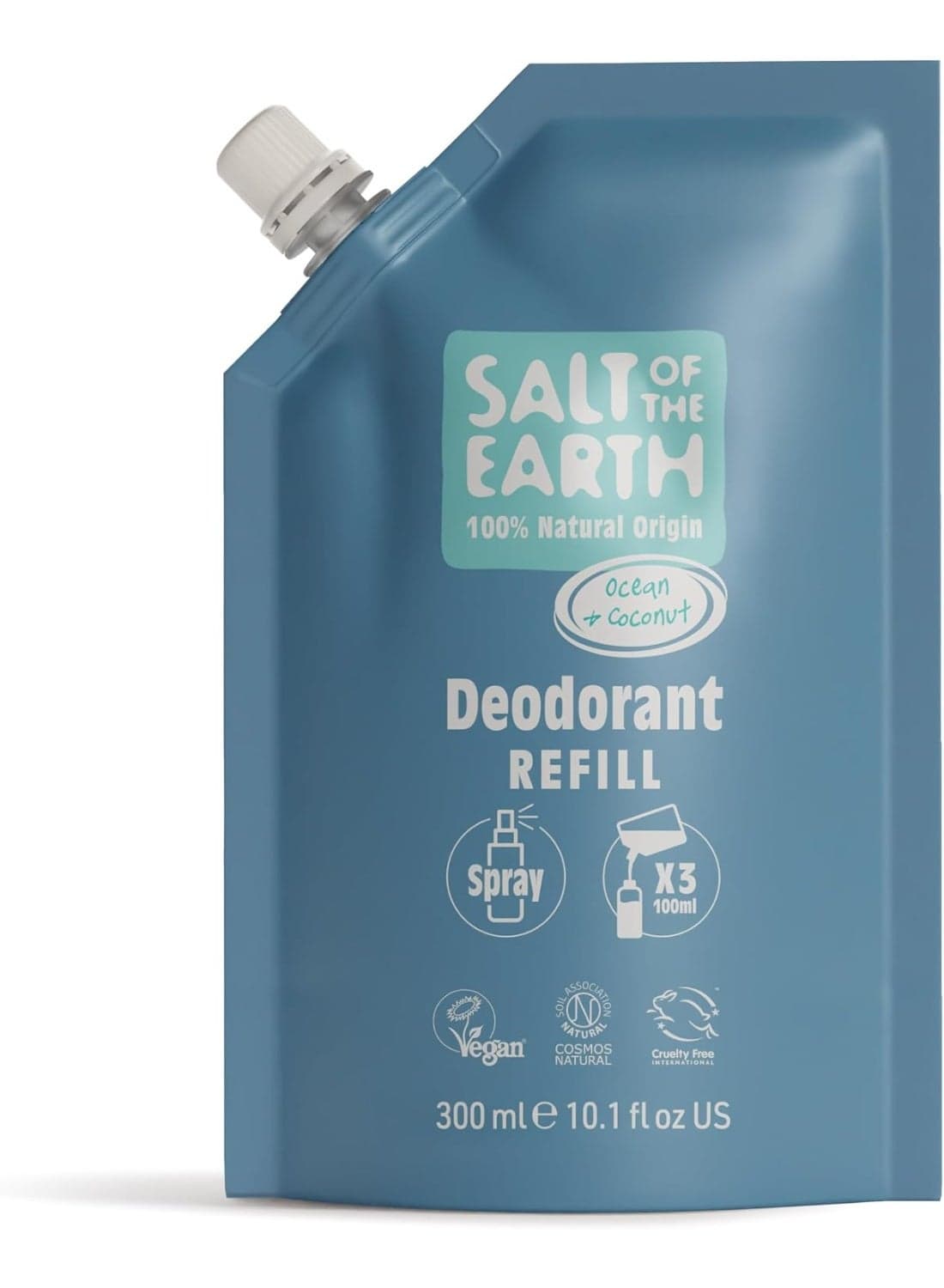 Salt of the Earth - Natural Deodorant Spray Refill Pouch, x3 Uses - Ocean & Coconut - Vegan, Long Lasting Protection, Made in the UK - 300ml