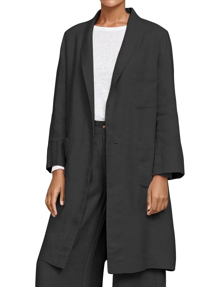 Black Blazer Jacket for Women Casual Lightweight Spring Summer Jackets Midi Long Trench Coat 2025 Linen Clothes Cardigan Tops, Black, M