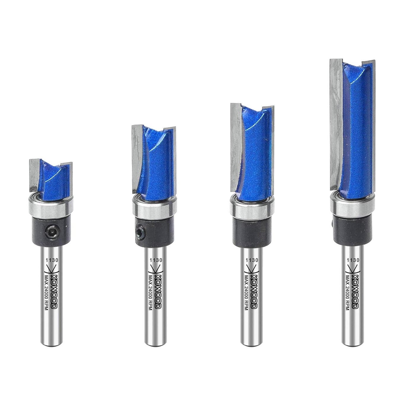 KOWOOD Plus Pattern Flush Trim Router Bit Set 1/4” Shank,Top Bearing Flush Trim Bit Kit.Cutting Height in 25/64”,3/4”,1”,1-1/2”.with Updated C3 Carbide.Great for Trim Shelf Edging, Veneer or Laminate