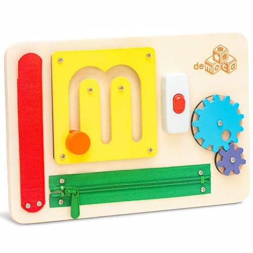 deMoca Sensory Busy Board for 1 Year Old Travel Wooden Montessori Busy Board for Toddlers 13 Switch and Fidget Activity Board for Early Motor Skills and Travel Play
