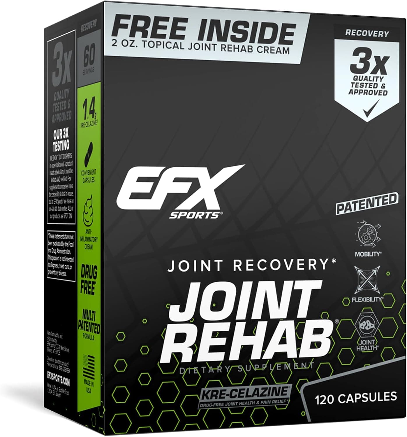 EFX Sports Joint Rehab Recovery Kit Powered by KreCelazine for Mobility Joint Health 120 Capsules KreAlkalyn Creatine 2 oz Topical Cream
