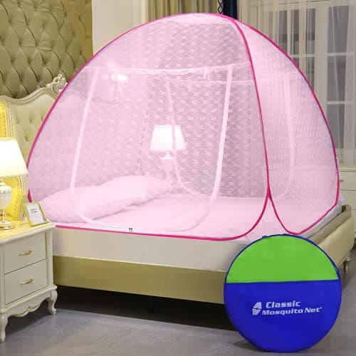 Classic Mosquito Net for Double Bed | Queen Size Embroidery Foldable Machardani | Polyester 30GSM Strong Net | PVC Coated Corrosion Resistant Steel Wire - Pink