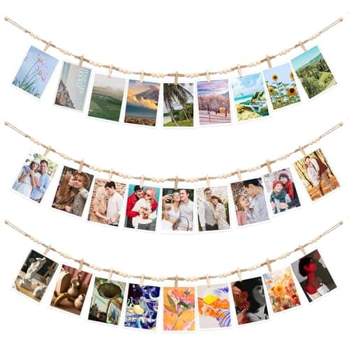Hanging Photo Display Wall Decor, 3Pcs Boho Wooden Bead Garland Picture Banner Collage Picture Card Frame Holder with 30Clips, 24 Wooden Pegs for Bedroom, Living Room Teen Girl Gifts