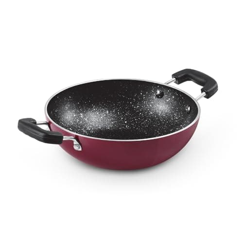 MILTON Pro cook Granito Aluminium Kadhai 18 cm with Soft Touch Bakelite Handles, Non-Induction, Metal Spoon Friendly, 4 Layer Non-Stick Coating, Deep Kadai, Food Grade, 2 Years Warranty, Burgundy