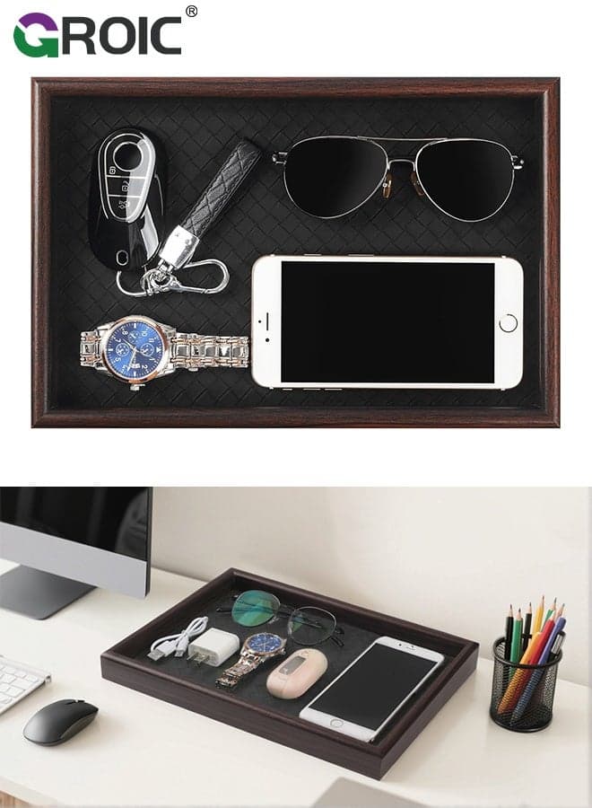 Leather Tray,Home Decorative Wooden Rectangle, Black Woven Leather,Perfect Serving Tray for Living Room, Coffee Table Home Decor Enthusiasts, Vanity Tray for All Occasions, Jewelry Storage
