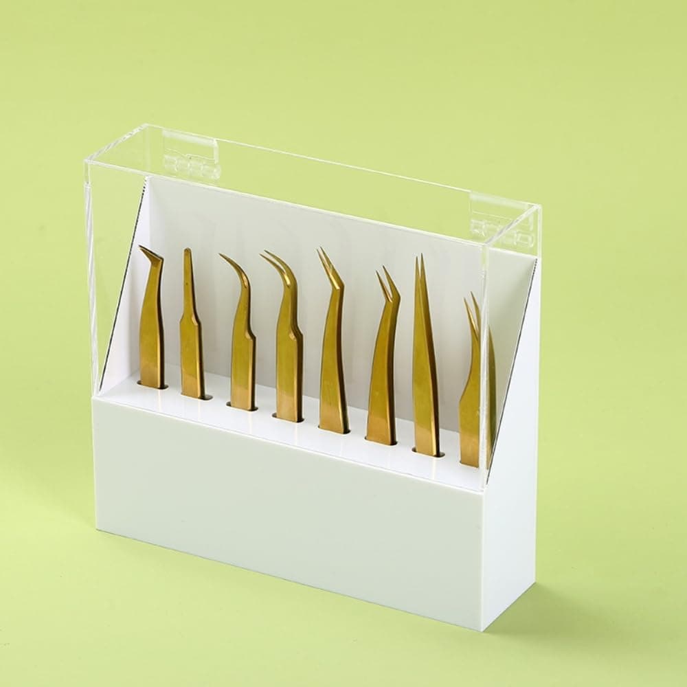 Dustproof 8 Holes Tweezers Holder Eyelash Extensions Supplies Acrylic Display Acrylic Rack Storage Eyelash Extension Tools with Dust Cover Tweezer Display Stand Salon