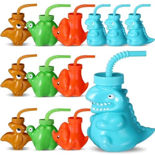 Maxcheck 12 Pieces Dinosaur Cups with Straws and Lids 10oz Dinosaur Party Favor Cups Bulk Plastic Dino Theme Party Supplies Reusable for Dino Birthday Decorations Safari Jungle