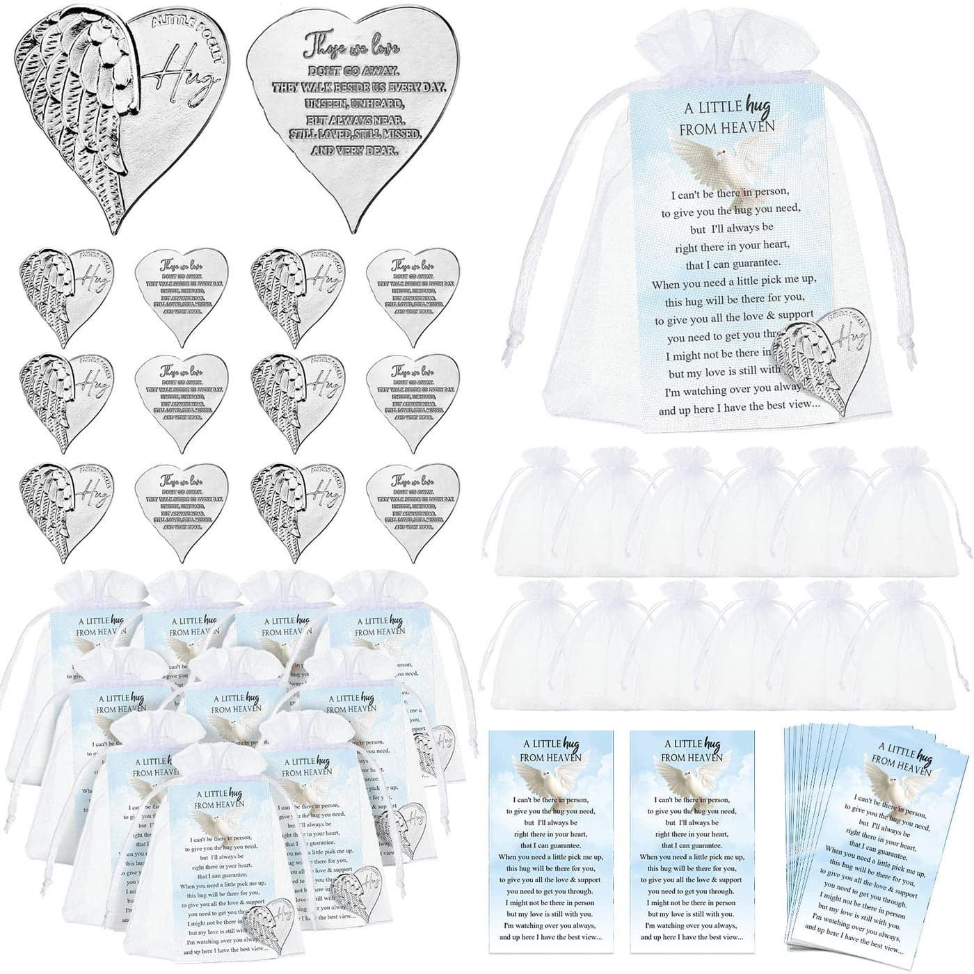 60 Sets Funeral Favors for a Memorial Service Memorial Angel Sign Coins Set Heart Pocket Hug Token Poem Angel Cards Organza Gift Bag Celebration of Life Favors for Family Church Funeral Prayer Gifts