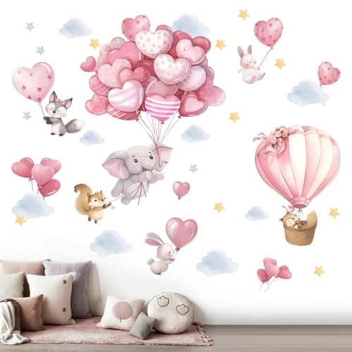 Animals Balloon Wall Stickers for Nursery Baby Girls Kids Boys Bedroom Wall Decals Pink Hot Air Balloon Elephant Fox