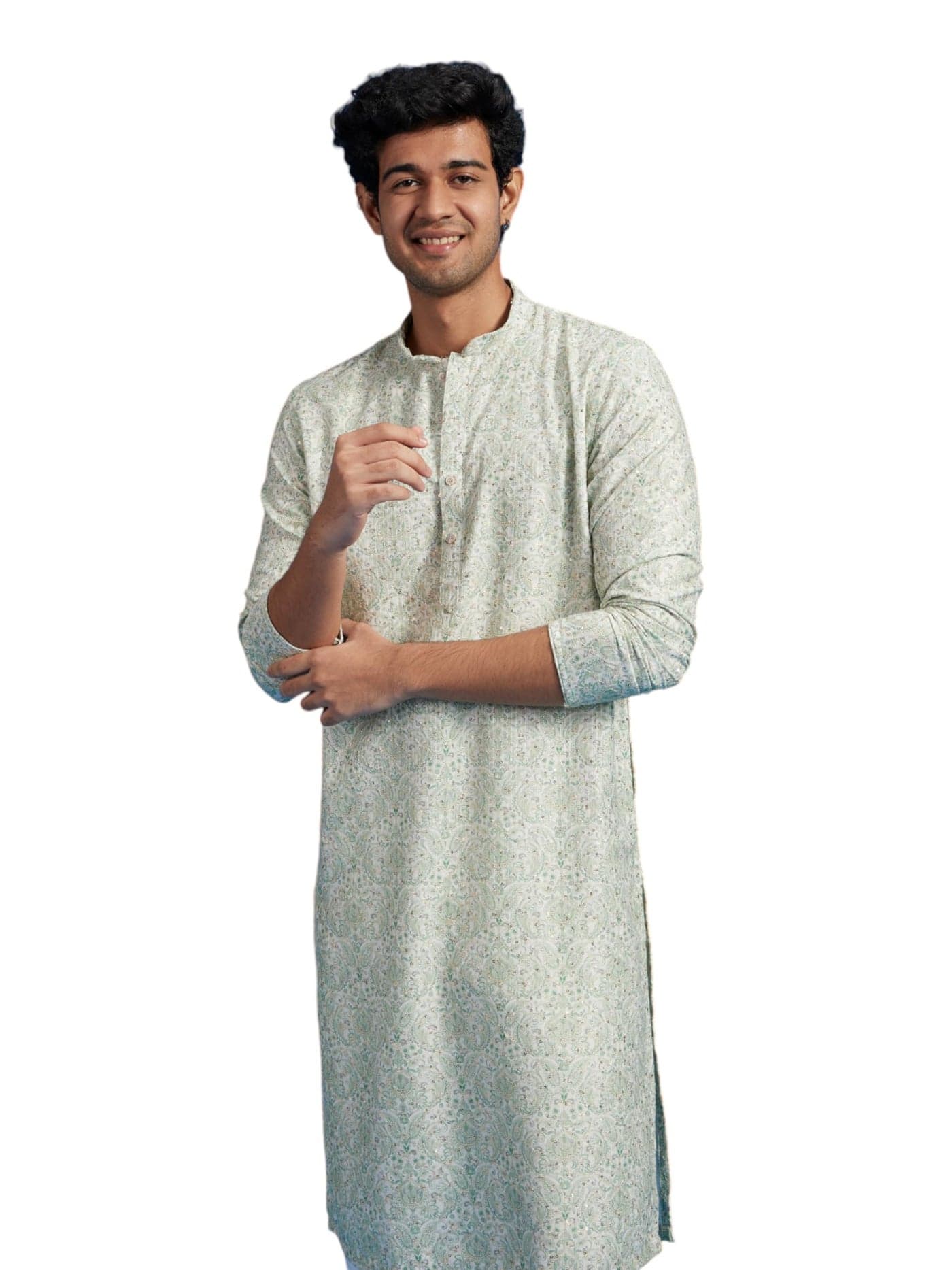 DIWAS BY MANYAVAR Men's Cotton Blend Printed|Sequined Kurta (Light Mid Green,XL)