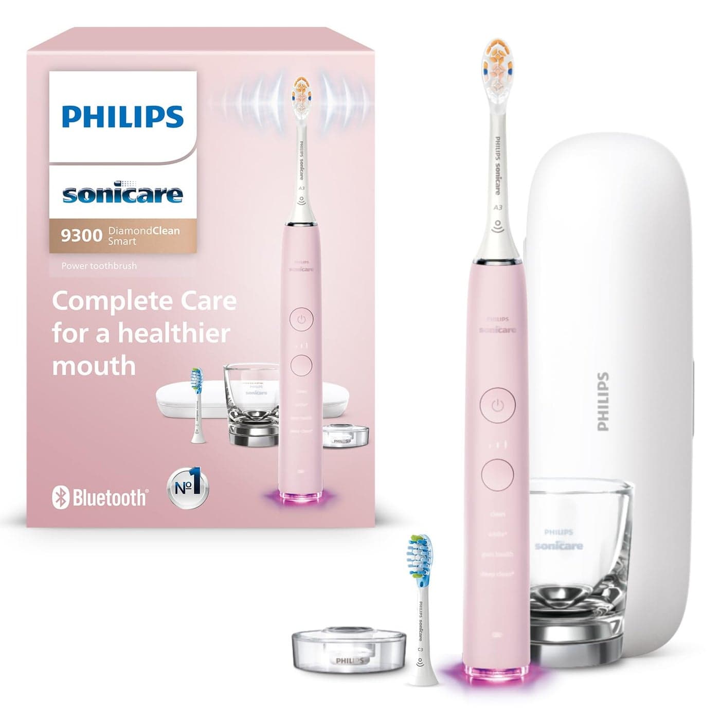 Philips Sonicare DiamondClean Smart 9300 Electric Toothbrush Sonic Toothbrush with App Pressure Sensor Brush Head Detection 4 Brushing Modes and 3 Intensity Levels Pink Model HX990325