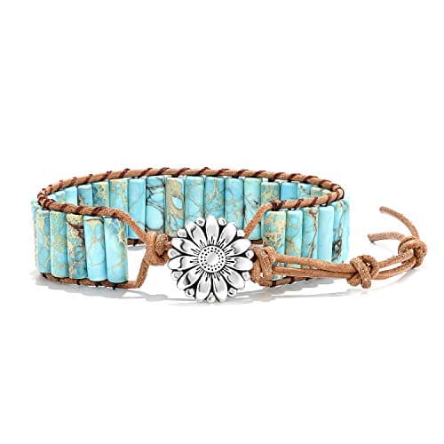 sedmart 7 Chakra Bracelets for Women with Real Stones Leather Wrap Healing Bead Bracelet Women Men Boho Friendship Jewelry… (Flower Button & Turquoise)