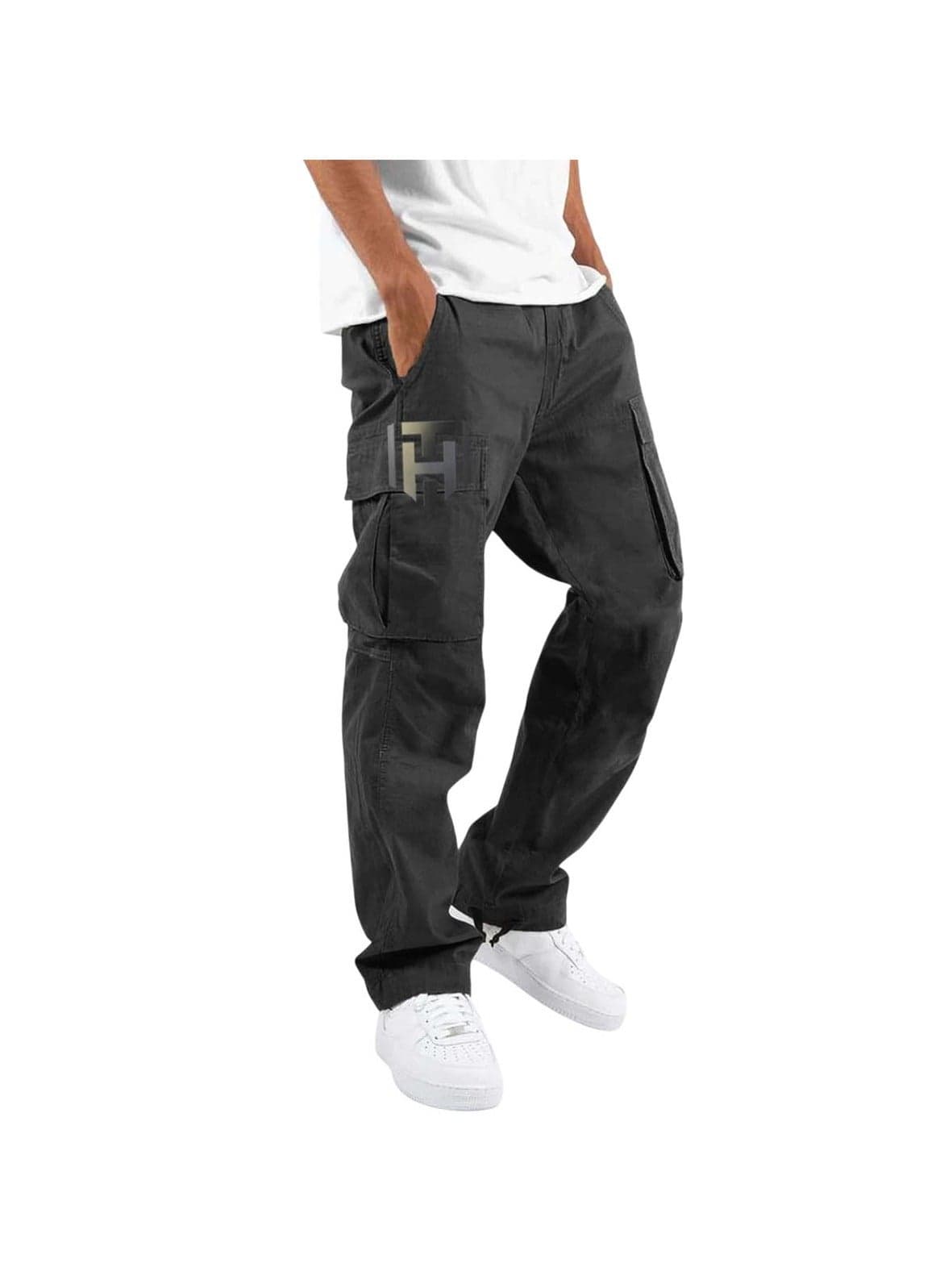 Men’s Casual Multi-Pocket Workwear Trousers Black, Size L
