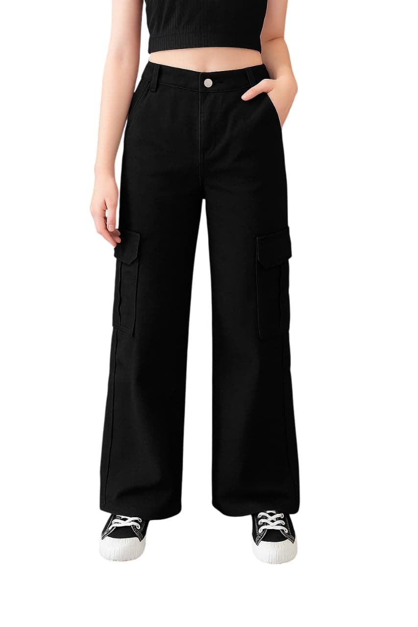 ADBUCKS Stretchable High Rise Cargo Style Wide Leg Jeans for Girls II Girls Jeans (in, Age, 7 Years, 8 Years, Black)