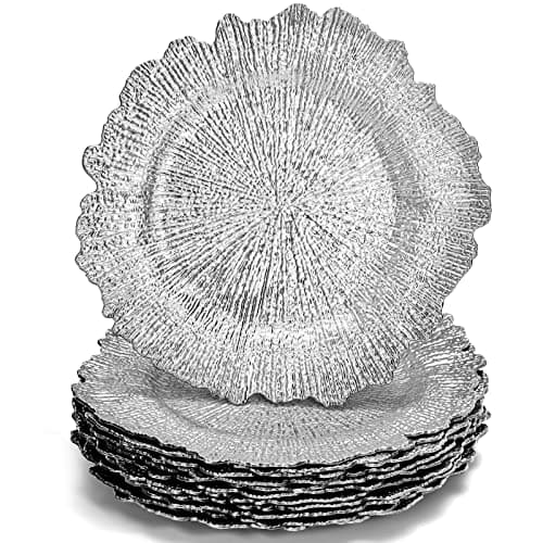 WUWEOT 12 Pack Charger Plates 13 Round Plastic Reef Plate Chargers with Flora Reef Design for Wedding Dinner Party Decoration Silver