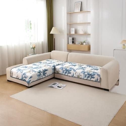 HOKIPO 'HomeHues Series' Printed Quilted L Shape (2+2 Seater) Sofa Cover Seat Mat, Celadon Blue Camellia (IN-807-D8 + IN-808-D8)