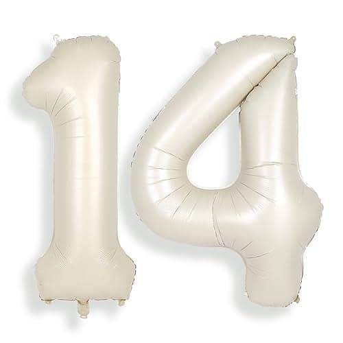 SUWEN 40 Inch Cream White Large 14 Number Balloons Big Foil Helium Number Balloons 09 Jumbo Happy 14th Mylar Birthday Party Decorations for Boy or Girl 41 Anniversary Party Supplies