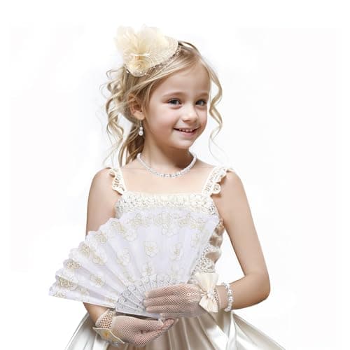 Zinniday Girls Fascinator Tea Hat Tea Party Set for 1920s Costume Party Off White Church Top Hats with Pearl Necklace Earring Hand Fan and Lace Gloves Set
