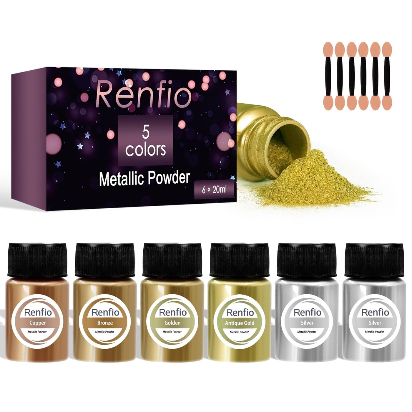 Renfio Metallic Pigment Powder 5 Colors Gold Mica Powder for Resin 6 X 20ml Metal Powder Resin Color Pigment Color Pigment for Epoxy Resin Kintsugi Polymer Clay Candle Dye