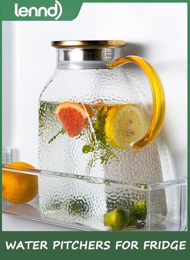 Glass Pitcher With Lid and Spout, 1.8 Liter 60 oz Glass Pitchers With Handle And Lid, Jug Water Pitchers For Fridge, Carafe Jar for Hot/Cold Water Iced Tea Juice Coffee Milk Beverage