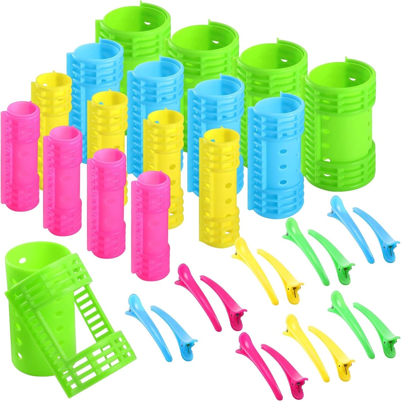 65 Pieces Magnetic Rollers Plastic Rollers Hair Curlers Set 4 Sizes for Long Medium Short Hair Duck Clips Hairnet Hairdressing Styling Tool