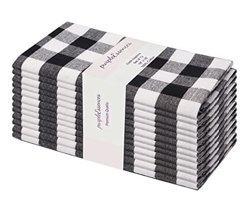 PurpleEssences Buffalo Plaid Cloth Napkins Mitered Corners Fall Thanksgiving Halloween Gingham Check Dinner Napkin Set of 12100 Cotton 18x18 Inch Reusable Washable Black and White