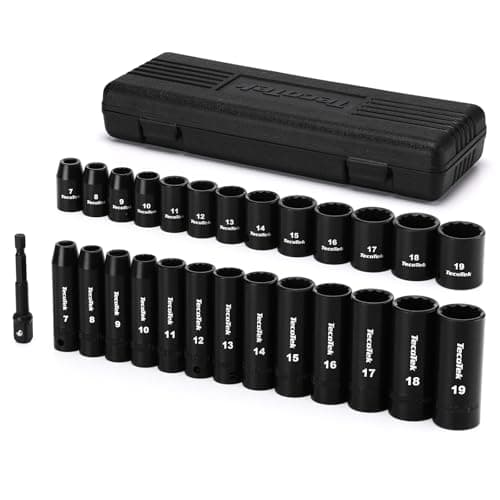 TecoTek 27 Pieces 3/8-Inch Drive 12-Point Metric Impact Socket Set, CR-V, 7mm to 19mm, Standard and Deep, 1/4"-3/8" Drill Adapter