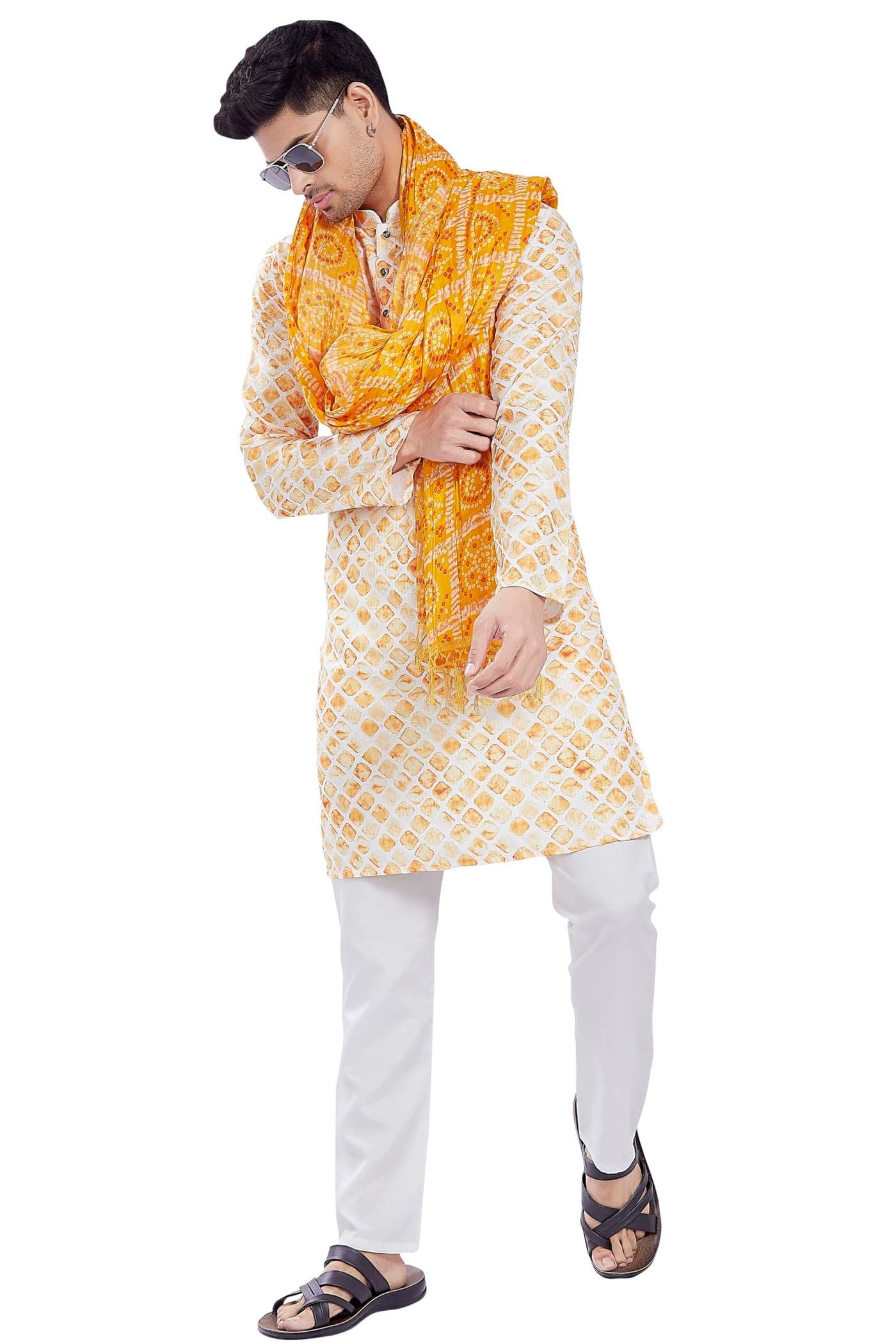 DIVISIVE Men's Printed Art Silk Bandhani Dupatta/Stole(DDP6_Yellow)