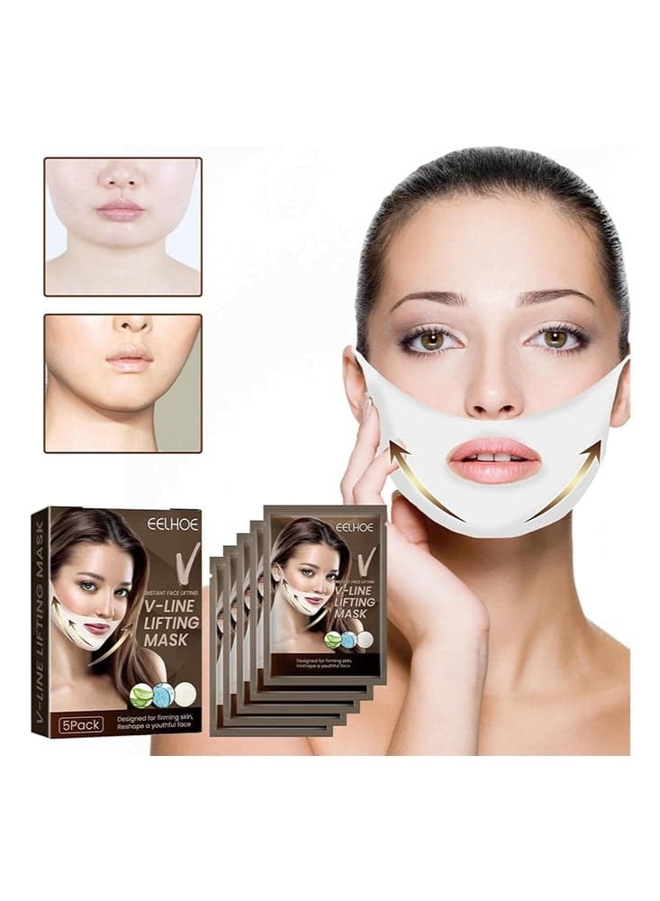 V-Line Lifting Mask, Deep Collagen Face Mask for Women – Jawline Shaper Mask with Retinol & Hyaluronic Acid – Neck Tightening & Firming - Double Chin Strap for Face Lift,Facial Firming Lifting Shaping Small V-Face Ear Lifting Facial Mask 5Pack