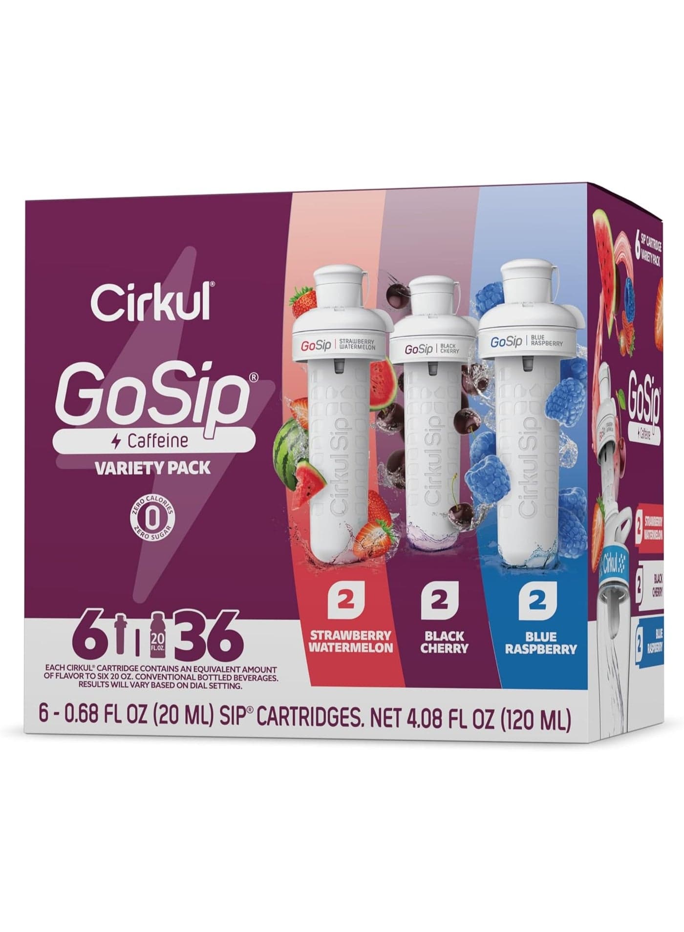 Cirkul GoSip Caffeine Flavor Water Variety Pack, Makes 36 Drinks, No Sugar, Zero Calorie Drink Mix, (2 Blue Raspberry, 2 Black Cherry, 2 Strawberry Watermelon)
