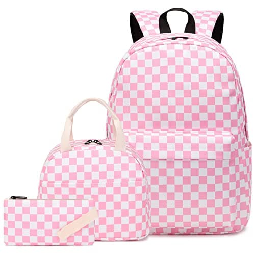 Dezcrab Checkered Kids Backpack for Girls Teens School Bags Bookbags Set with Lunch Bag Pencil Case Pink