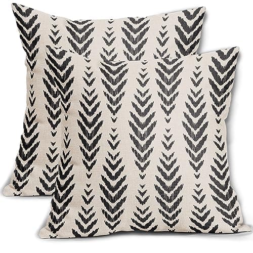 Sweetshow Boho Pillow Covers 18x18 Set of 2 Bohemian Ethnic Black Geometric Herringbone Print Decorative Throw Pillows Outdoor Pillowcase Square Linen Farmhouse Cushion Case Decor for Couch Sofa Bed