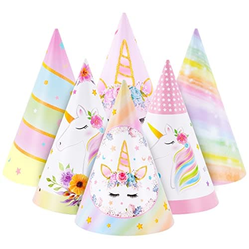 WERNNSAI Unicorn Party Supplies 12 Pcs Colorful Cone Headbands Art Craft Paper Hats for Girls Princess Dressup Theme Decorations