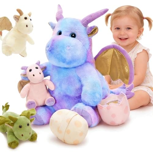 Tezituor Cute Stuffed Flying DragonPurple Dinosaur Stuffed Animal for Girls6 Pcs Dino Plush Toy Mommy Dragon with 3 Baby DinosaursLarge Pterosaur StuffyTriceratops Stegosaurus Plushies Gifts