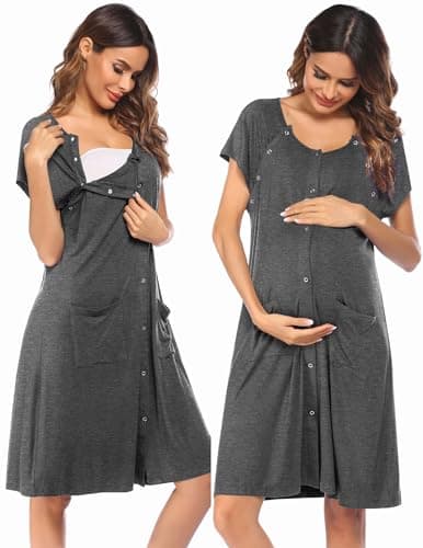 Ekouaer 3 in 1 Labor/Delivery/Hospital Gown Nursing Dress Maternity Nightgown Sleepwear for Breastfeeding with Button S-XXL Light Grey