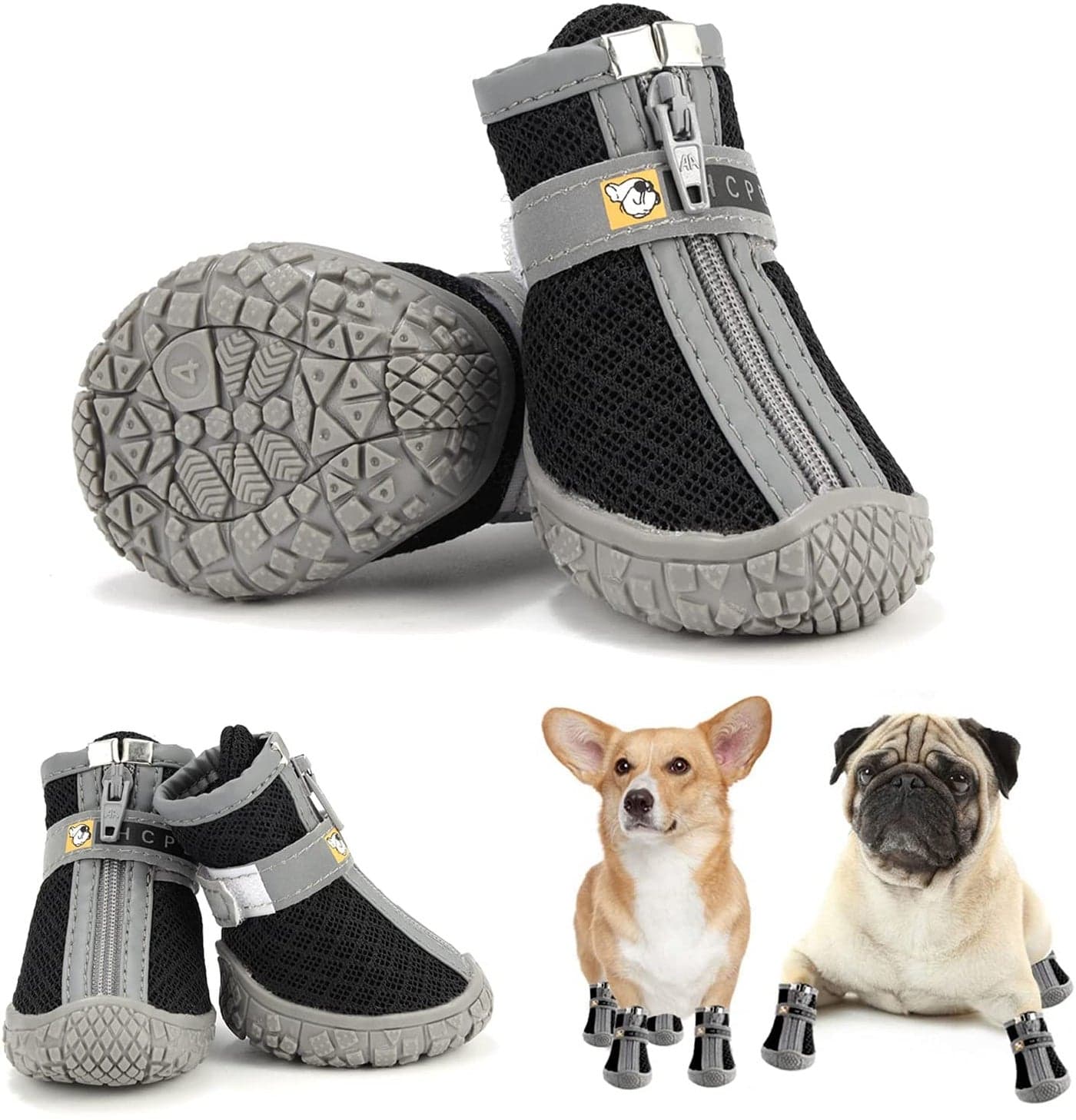 KUTKUT Dog Shoe for Hardwood Floors with Reflective & Adjustable Strap Zipper Closure for Small Dogs Maltese, Papillon, ToyPomeranian, ToyPoodle (Size# 2, L*W: 4.0cm* 3.3cm Black)