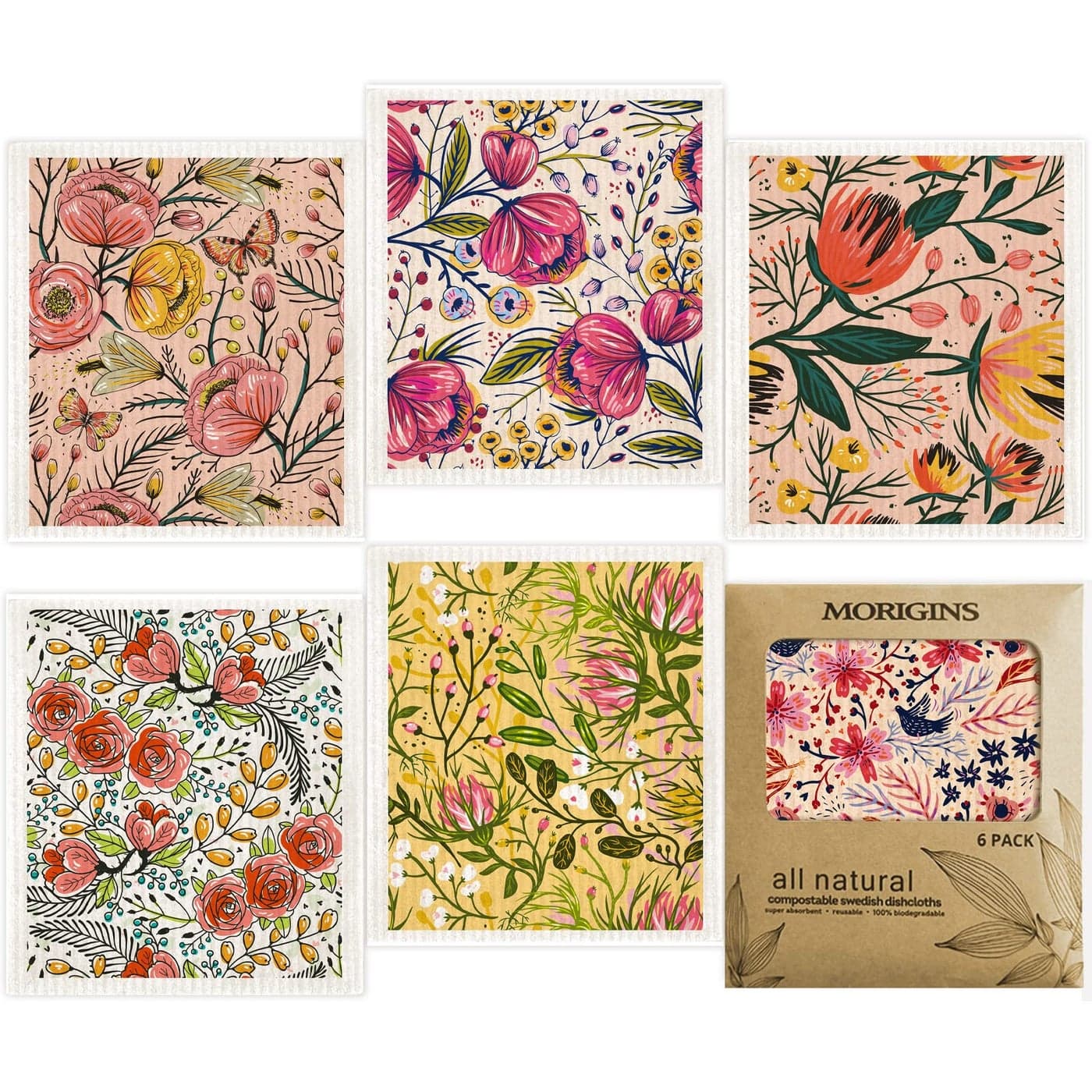 Morigins Swedish Dishcloths for Kitchen6 Pack Swedish Dish TowelsCellulose Sponge ClothsNon Scratch Reusable Paper Towels Biodegradable and Reusable Kitchen Dish Rags Watercolor Floral