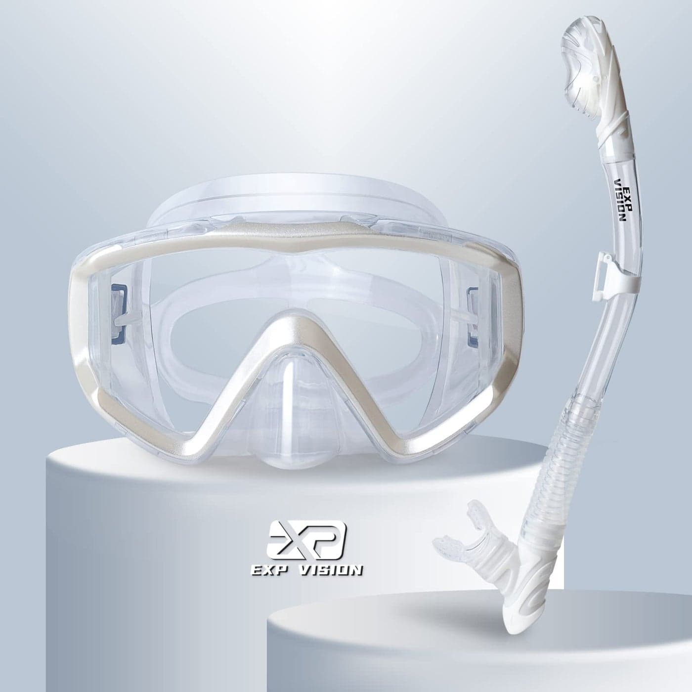 Snorkel Set Pano 3 Window Adult Snorkeling Gear, Professional Anti-Fog Snorkel Diving Mask, Anti-Leak Swim Goggles and Dry Top Snorkel for Scuba Diving, Snorkeling, Swimming (Pearl White)