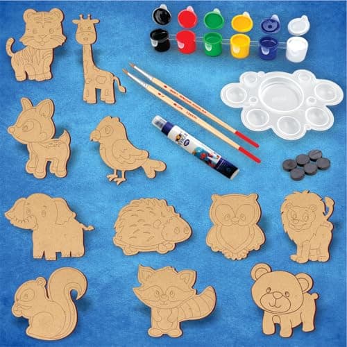 PICRAZEE DIY Art & Craft Kit 11 Animal Cutouts for Fridge Magnets in Pine MDF | Acrylic Colors, Brushes, Palette & Magnets | Ideal for All Kinds of Painting & Kids DIY Projects (M6), Multicolor