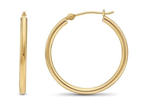 14k Yellow Gold 2mm Tube Polished Round Hoop Earrings, 25mm (1 inch Diameter)…