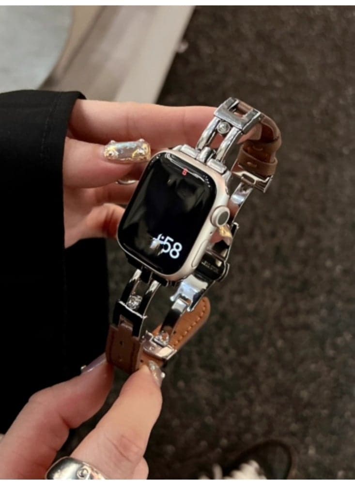 Metal Leather erfly Buckle Strap Brown Suitable For 44MM (iWatch 4-6/SE generation)Use